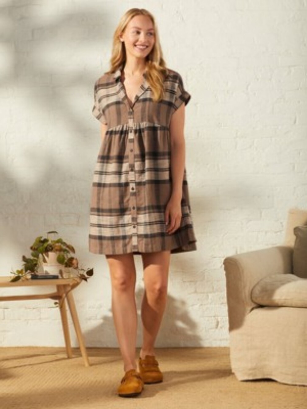 UPWEST Easy Flannel Dress Olive Plaid Short-Sleeve Button-Front Mini Dress Small
